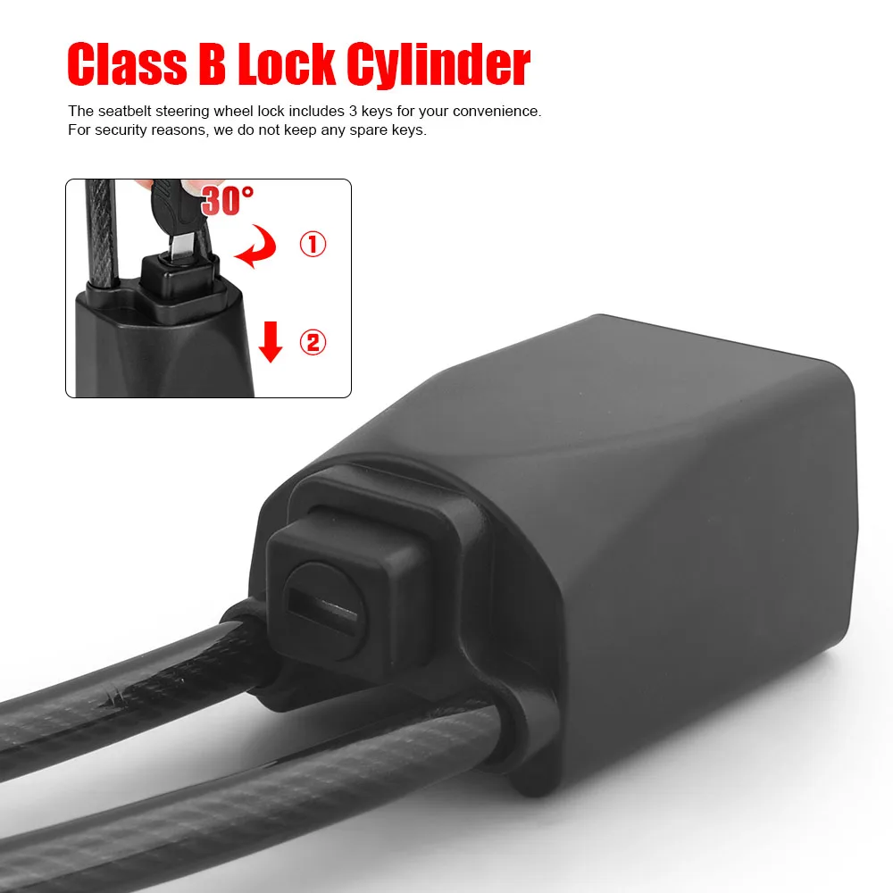 Cerradura para volante de coche con enchufe para cinturón de seguridad, cuerda de acero para camión, SUV, furgoneta, RV, con 3 llaves, dispositivo de protección antirrobo Universal