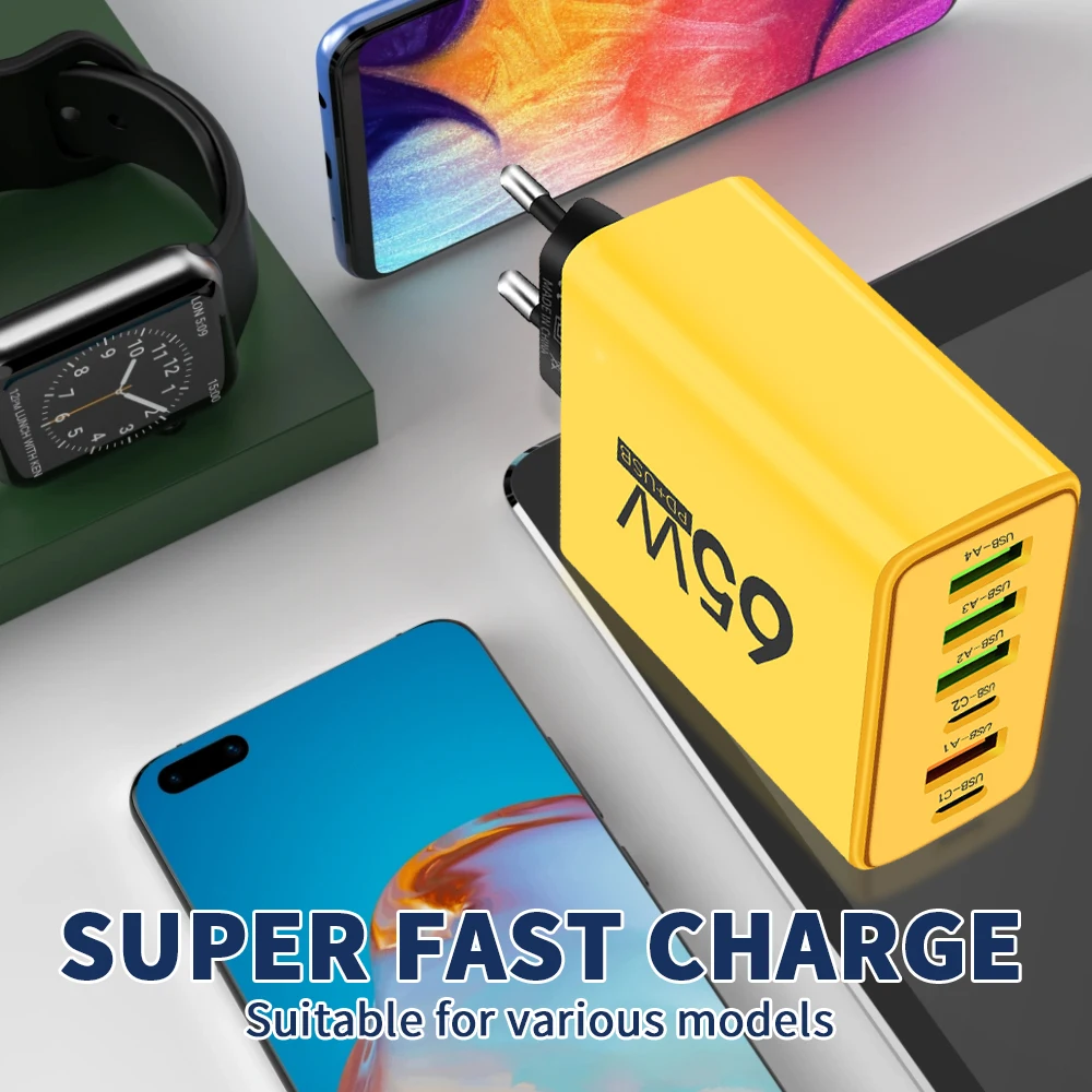 Cargador USB PD 65W, cargador rápido de 6 puertos tipo C, cargador de teléfono móvil para Iphone 16 15 Pro Max Xiaomi Huawei Samsung, cargador rápido