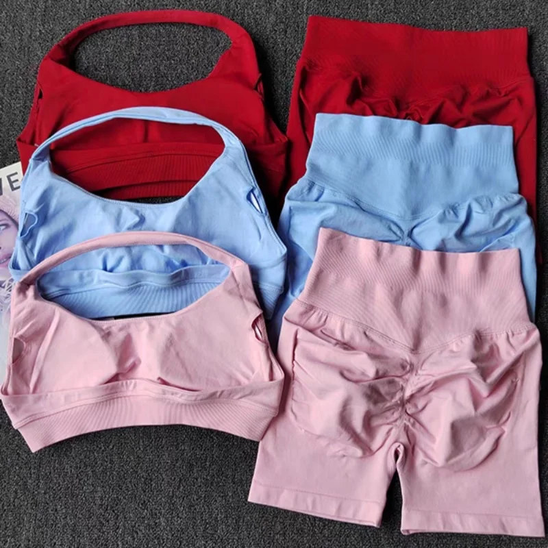 Conjunto de Yoga de 2 Piezas para Mujer, Ropa Deportiva sin Costuras para Gimnasio, Sujetador Deportivo Halter con Shorts a Juego, Conjuntos de Entrenamiento