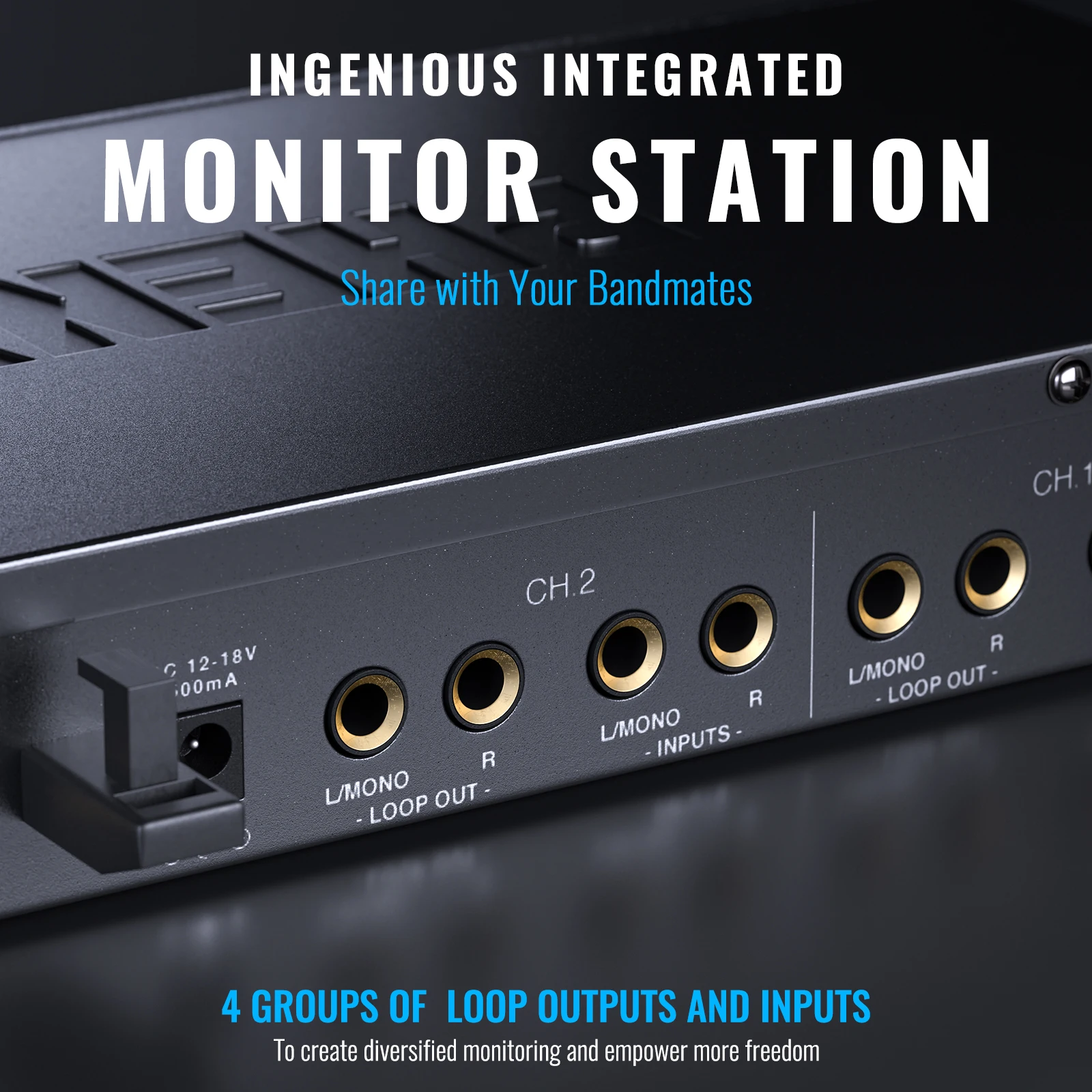 Phenyx Pro Sistema de Monitor intrauditivo inalámbrico Mono, cuatro canales, 500mhz, con 4 salidas de bucle, frecuencias UHF, montaje en Rack para estudio/banda