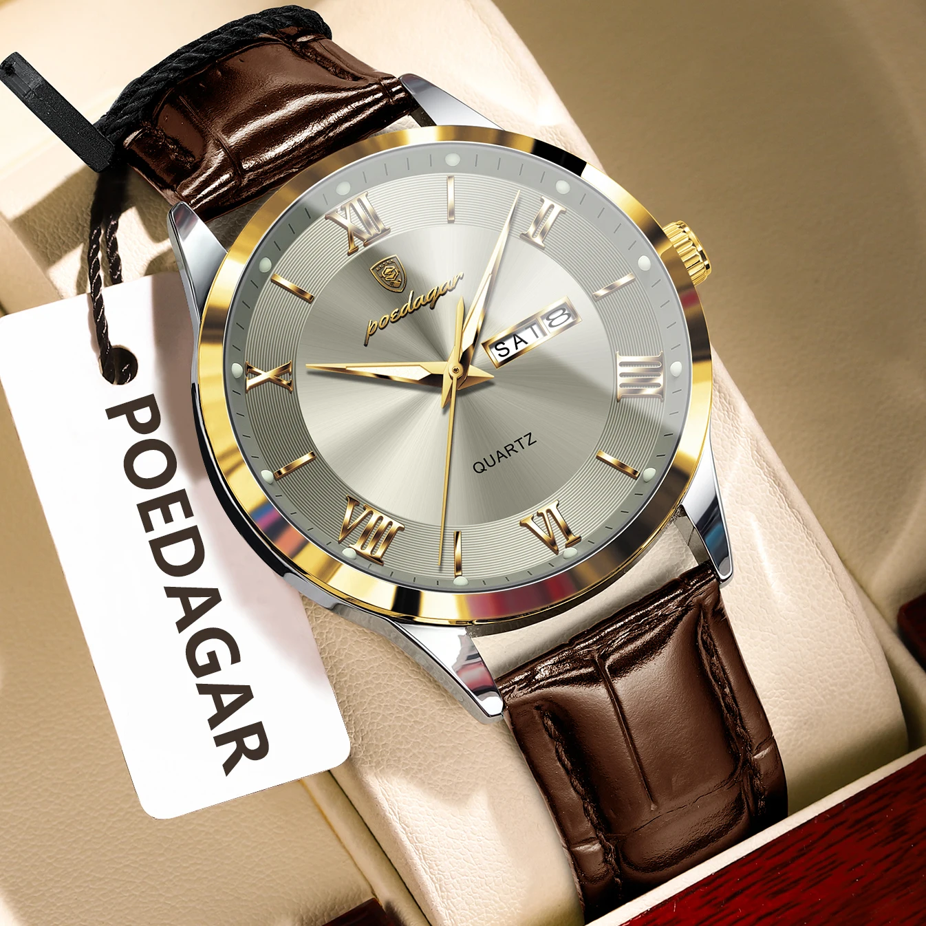 Reloj POEDAGAR Original de moda para hombre, Reloj de cuero con fecha y semana de cuarzo para hombre, relojes luminosos impermeables de negocios para hombre, Reloj masculino