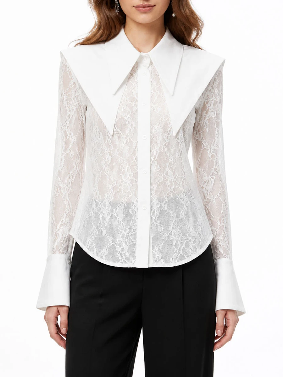 TWOTWINSTYLE Blusa Sexy Ajustada de Encaje con Malla para Mujer, Cuello Solapa, Manga Larga, Blusa Casual Transparente con Parches, Nueva