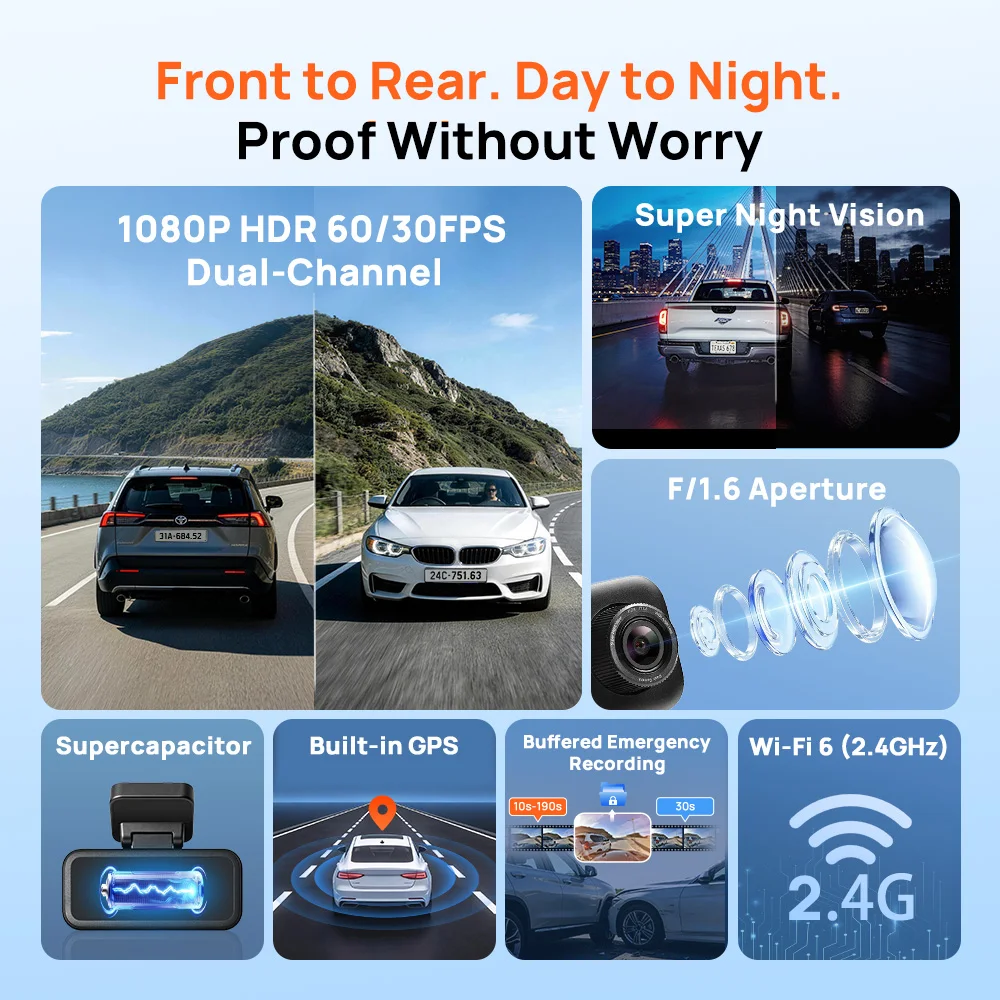 【Nuevo】70mai A210 Dash Cam 1080P HDR Grabadora Automática 24H Estacionamiento 132 °   Supercapacitor FOV de Doble Canal con GPS Integrado y Wi-Fi 6