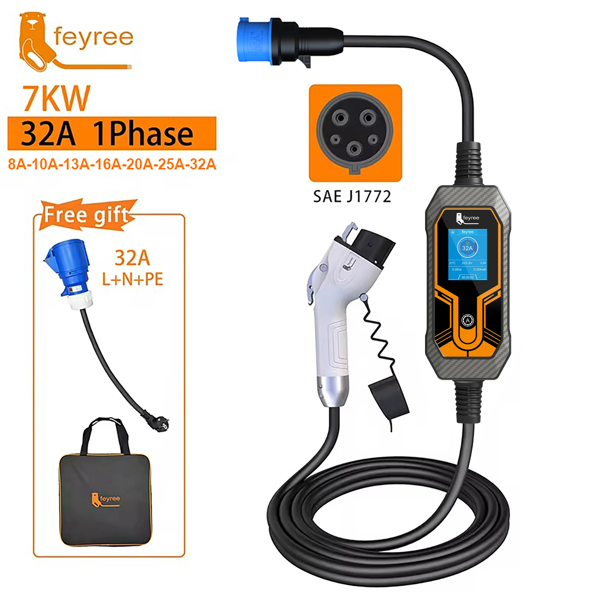 Cargador Portátil para Vehículos Eléctricos Feyree, Tipo 1 J1772, 7KW, 32A, Monofásico, con Enchufe CEE, Caja de Carga EVSE para Coche Eléctrico, Cable de 5m