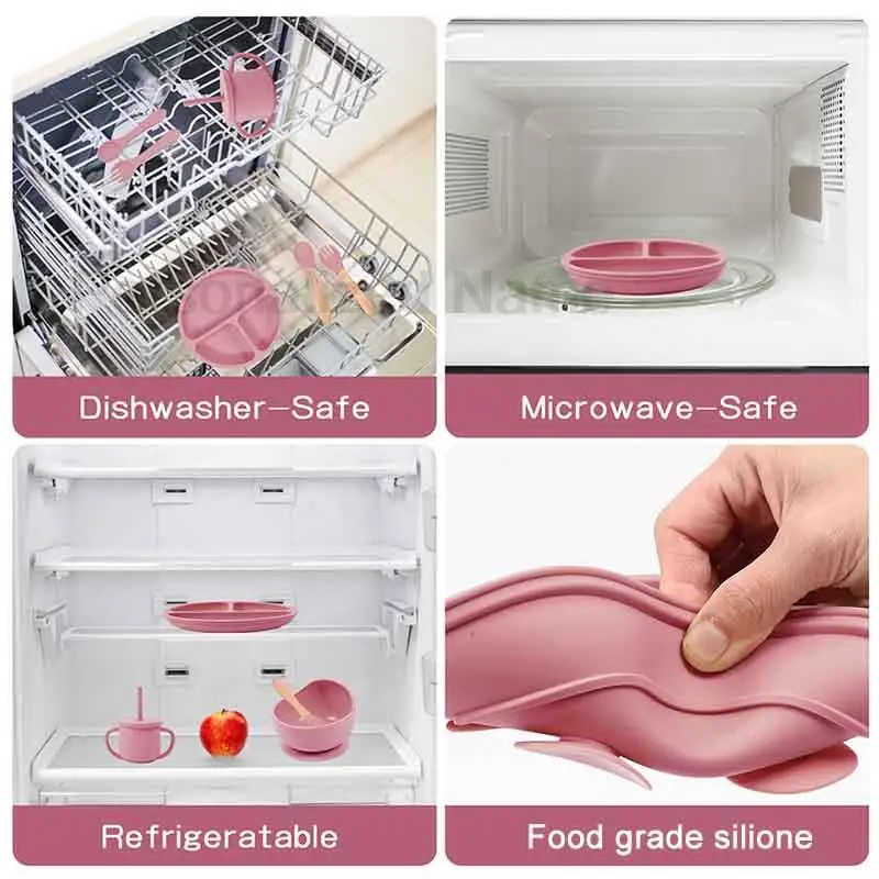 Vajilla de silicona para niños, juegos de alimentación de bebé, cuenco con ventosa, plato de comedor, cuchara, tenedor, babero, taza, nombre personalizado, regalo para niños, 6 uds.