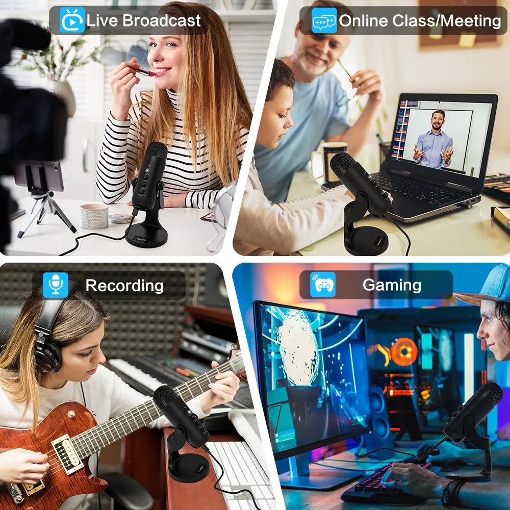 Haomuren Micrófono USB para PC Mac Grabación de juegos Streaming Podcast, Micrófono de condensador de computadora con adaptador de teléfono Salida de auriculares