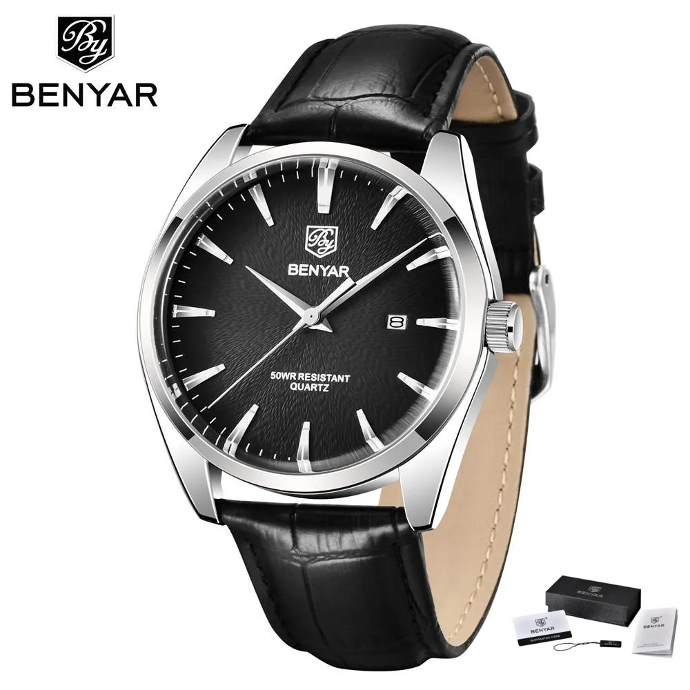 Benyar 5163 relojes de pulsera militares de lujo de la mejor marca relojes de cuarzo de cuero Reloj Simple resistente al agua para Hombre Reloj para Hombre
