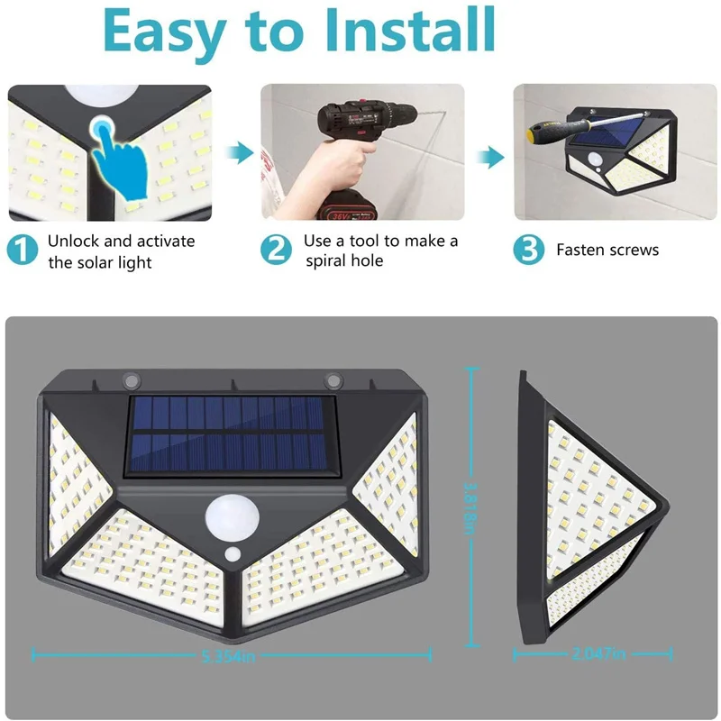 Paquete de 1-12 luces solares para exteriores, lámpara de pared de 100 LED, luces con Sensor de movimiento, farola Solar impermeable para jardín, porche, patio, garaje