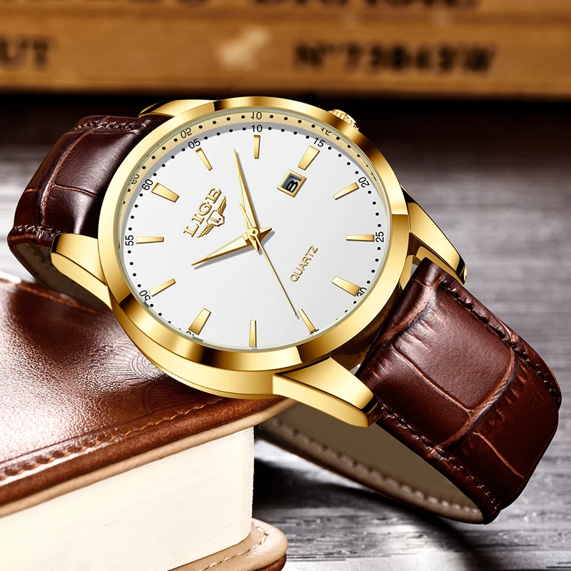 Reloj LIGE de cuero marrón a la moda para hombre, relojes de pulsera deportivos militares de cuarzo para hombre, cronógrafo informal resistente al agua, relojes masculinos