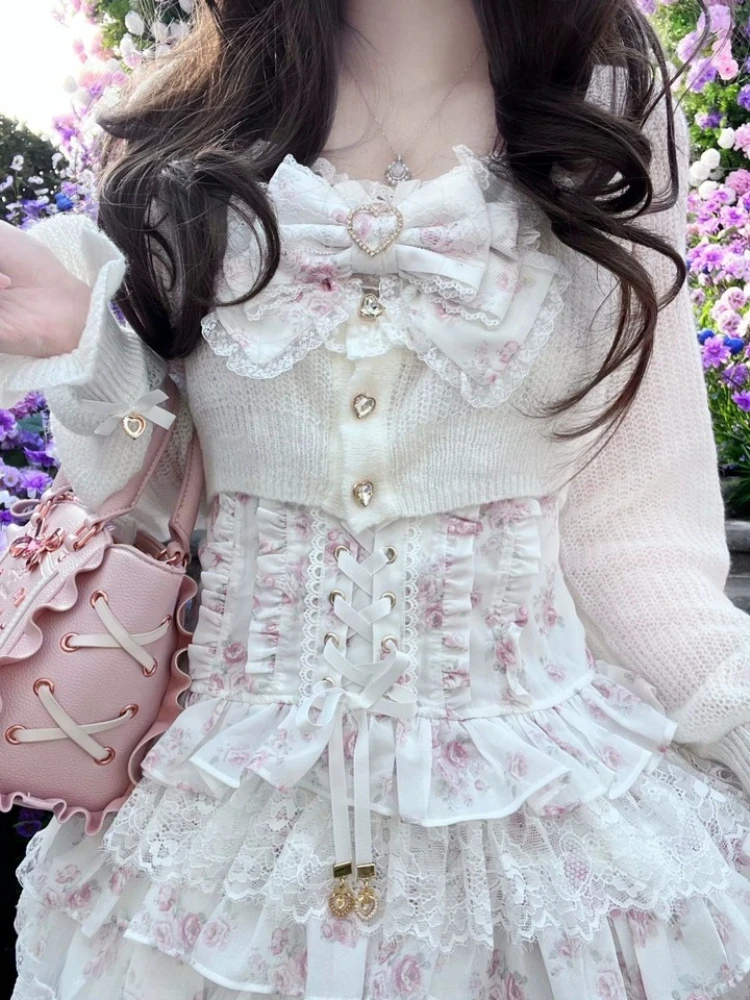 Conjunto de Dos Piezas de Encaje Floral Estilo Lolita Japonés para Mujer, con Lazo, Volantes y Falda Mini a Capas, Ropa Diaria Femenina