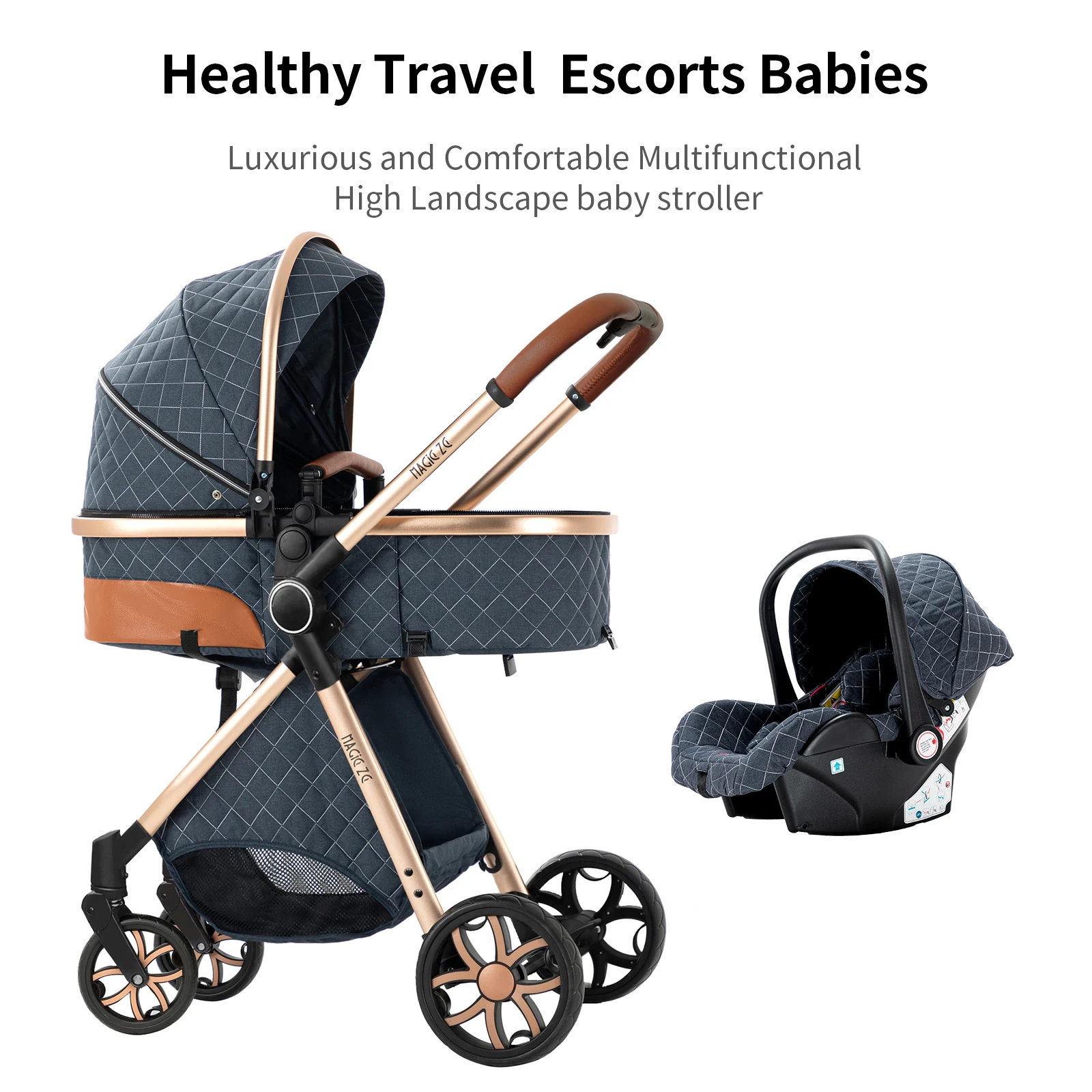 Sistema de Viaje para Bebé 3 en 1 Magic ZC, Cochecito Compacto Plegable con Capazo, Silla de Auto para Bebé y Asiento Reversible, Cochecito de Alta Gama, Ruedas con Amortiguación, Manillar Ajustable, Plegado con una Mano, Desde Recién Nacido Hasta Niño Pequeño, Beige