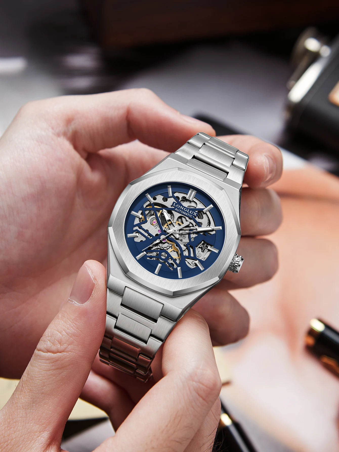 Reloj Automático LONGLUX para Hombre, Reloj Mecánico Esqueleto Resistente al Agua, Diseño Alienígena, Acero Inoxidable, Regalo