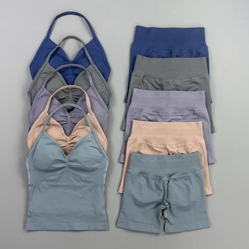 Conjunto Deportivo HISTELLO de 2 Piezas para Mujer, Top Largo con Tirantes, Conjunto de Yoga Sin Costuras, Shorts Deportivos con Efecto Push-Up, Traje de Fitness para Entrenamiento