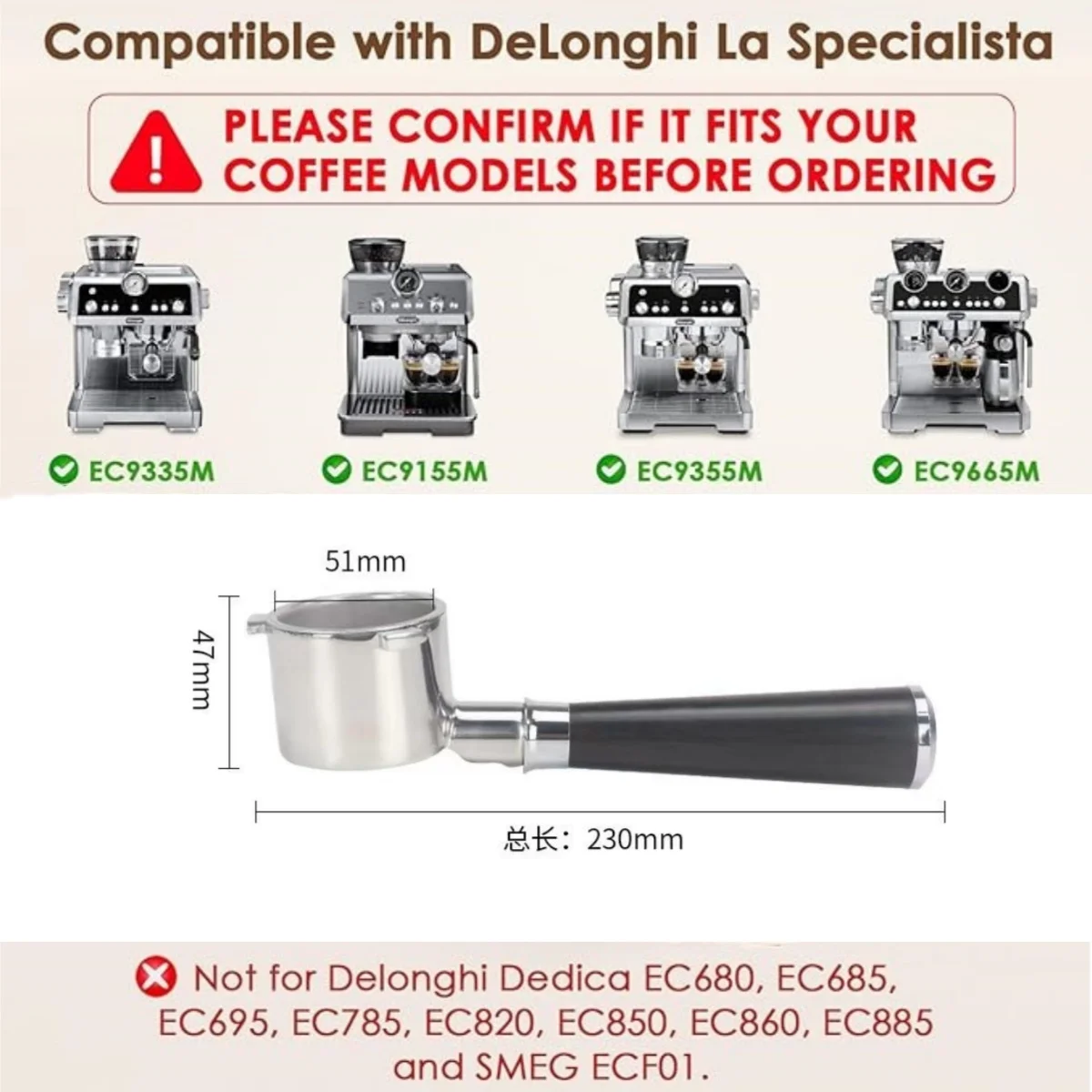 Portafiltro sin Fondo de 51 mm para Cafetera Delonghi La Specialista EC9335/EC9155/EC9455/EC9665, con Filtro de 2 y 4 Porciones