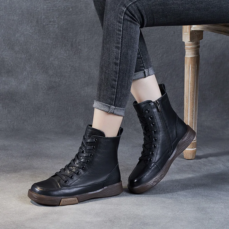 DRKANOL, botas cortas de cuero genuino para mujer, punta redonda, cuero genuino, hecho a mano, estilo callejero Retro, botines planos cálidos de invierno
