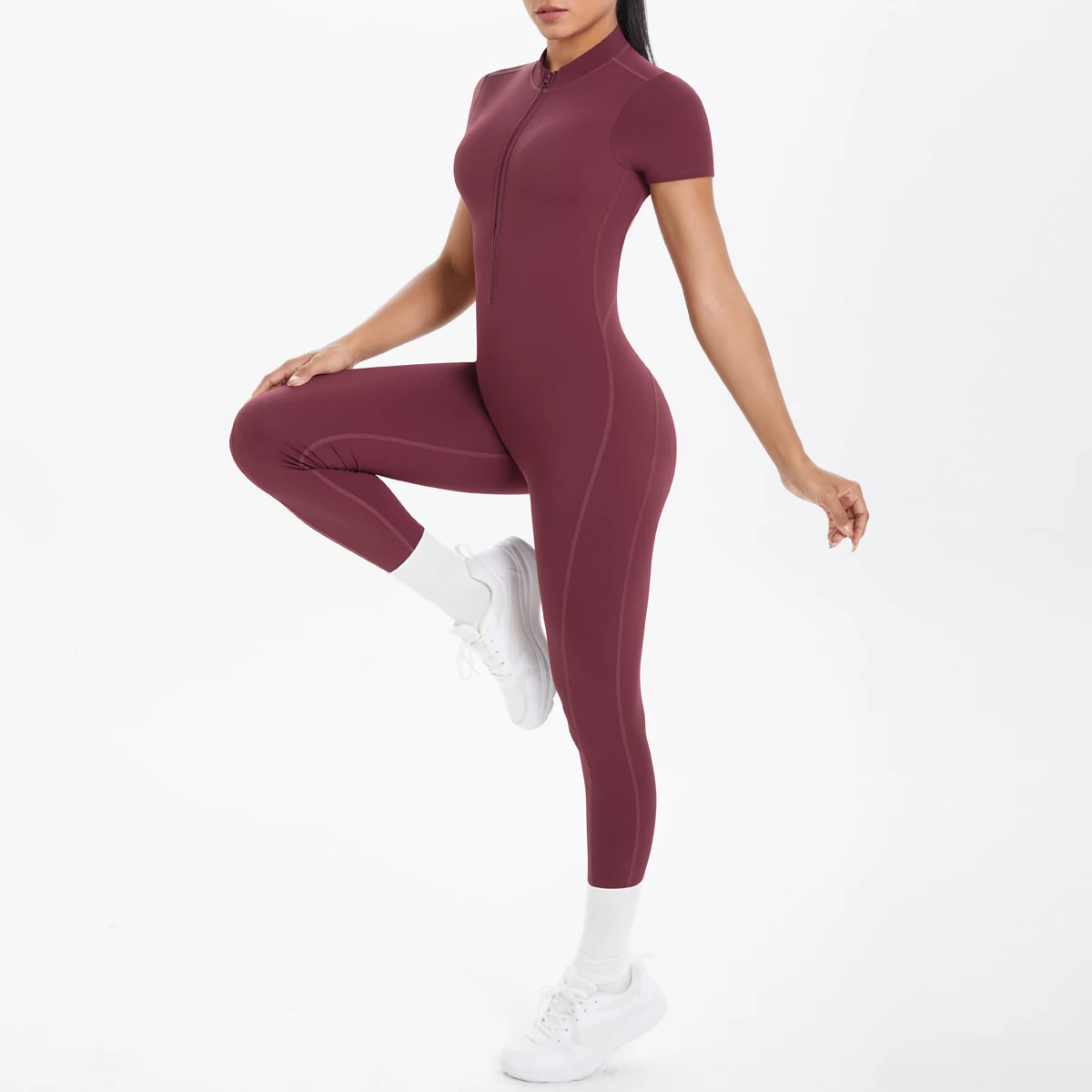 Mono deportivo de manga corta para mujer, monos con espalda descubierta de Color sólido, traje de una pieza con media cremallera, conjuntos de Yoga para gimnasio para mujer