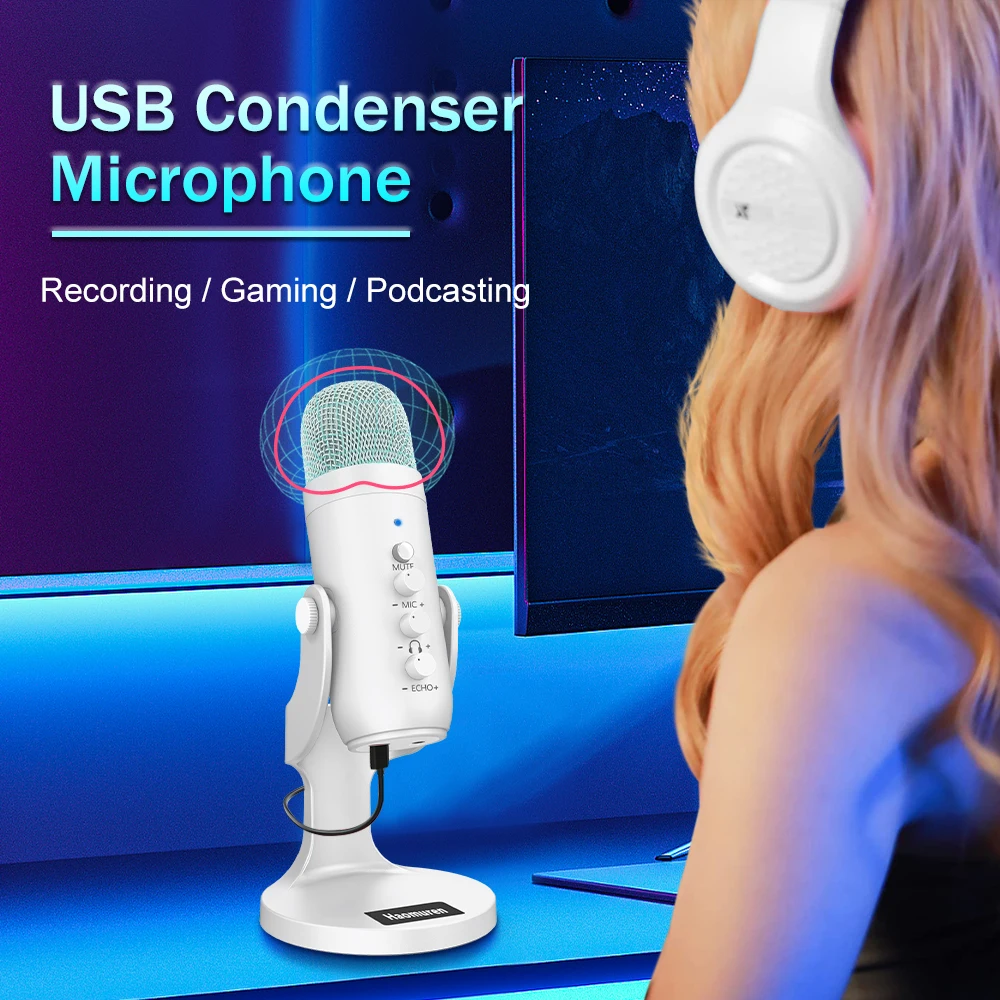 Micrófono condensador USB blanco profesional, micrófono de grabación de estudio para PC, ordenador, teléfono, juegos, Streaming, Podcast, vocales, Youtube