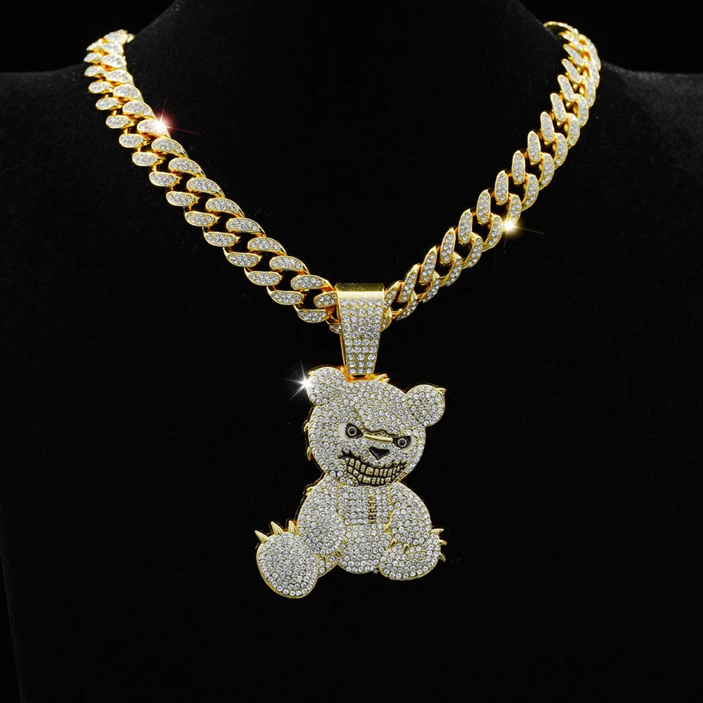 Collares con colgantes de oso agresivo de Hip Hop con cadena de eslabones cubanos de Miami, Gargantilla de oso marrón para hombres y mujeres, accesorios de joyería