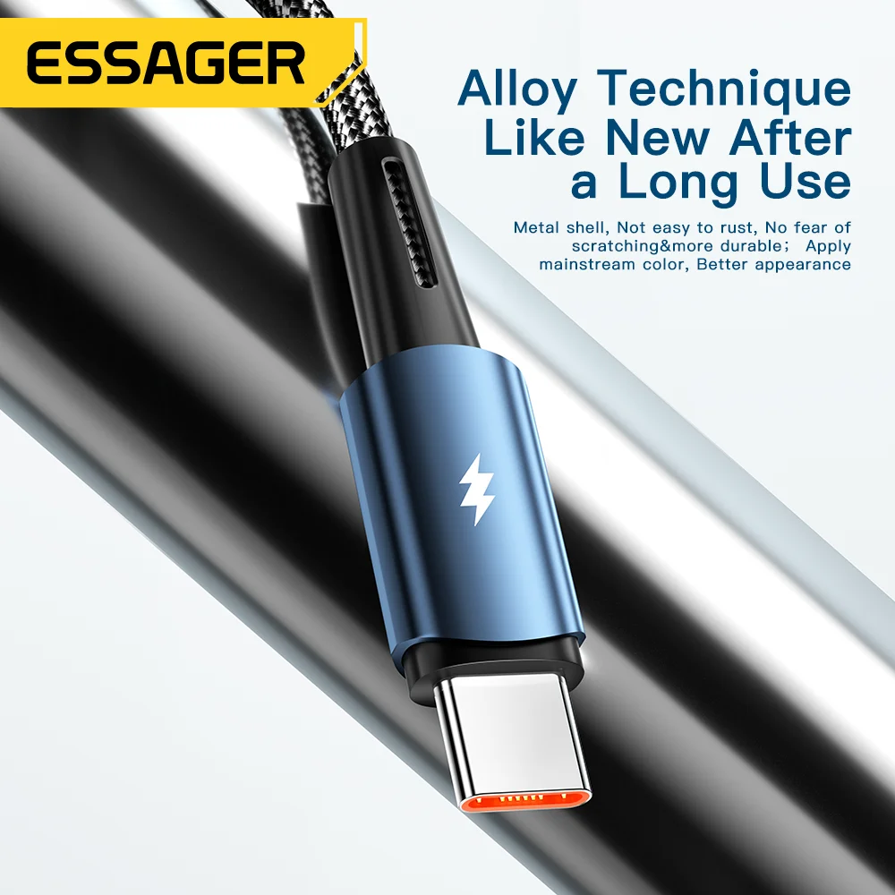 Essager 120W USB tipo C Cable para Xiaomi 12Pro 6A para Redmi K50 Note 11Pro Black Shark 5Pro USB Cables de carga rápida Cable de datos 2m