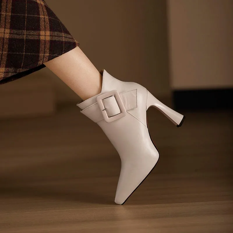 Botas de Tacón Alto para Mujer 2024, Negras, de Punta Afilada, Antideslizantes, de Cuero, con Hebilla, Zapatos Sexys de Tacón Bajo, Casuales y a la Moda