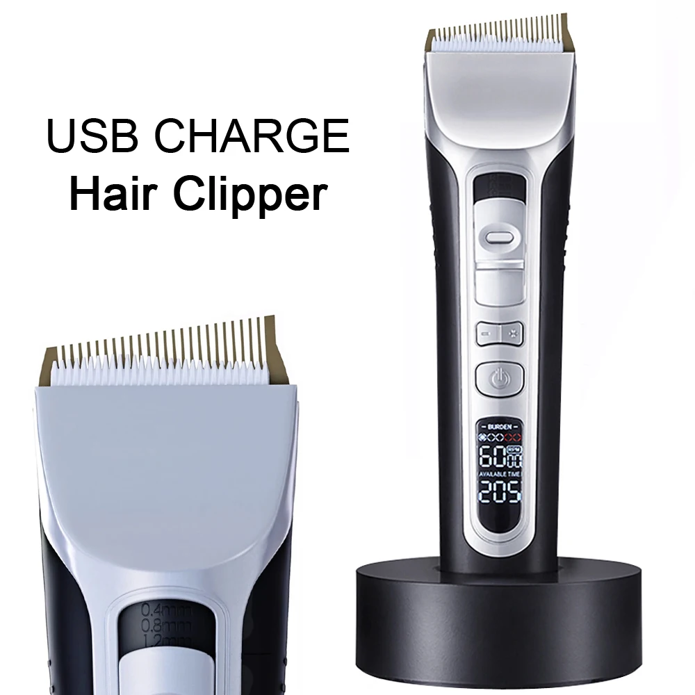Cortadora de pelo recargable por USB, cortadora de pelo con hoja de cerámica de titanio LCD, Máquina para cortar cabello profesional de salón de fuerte potencia