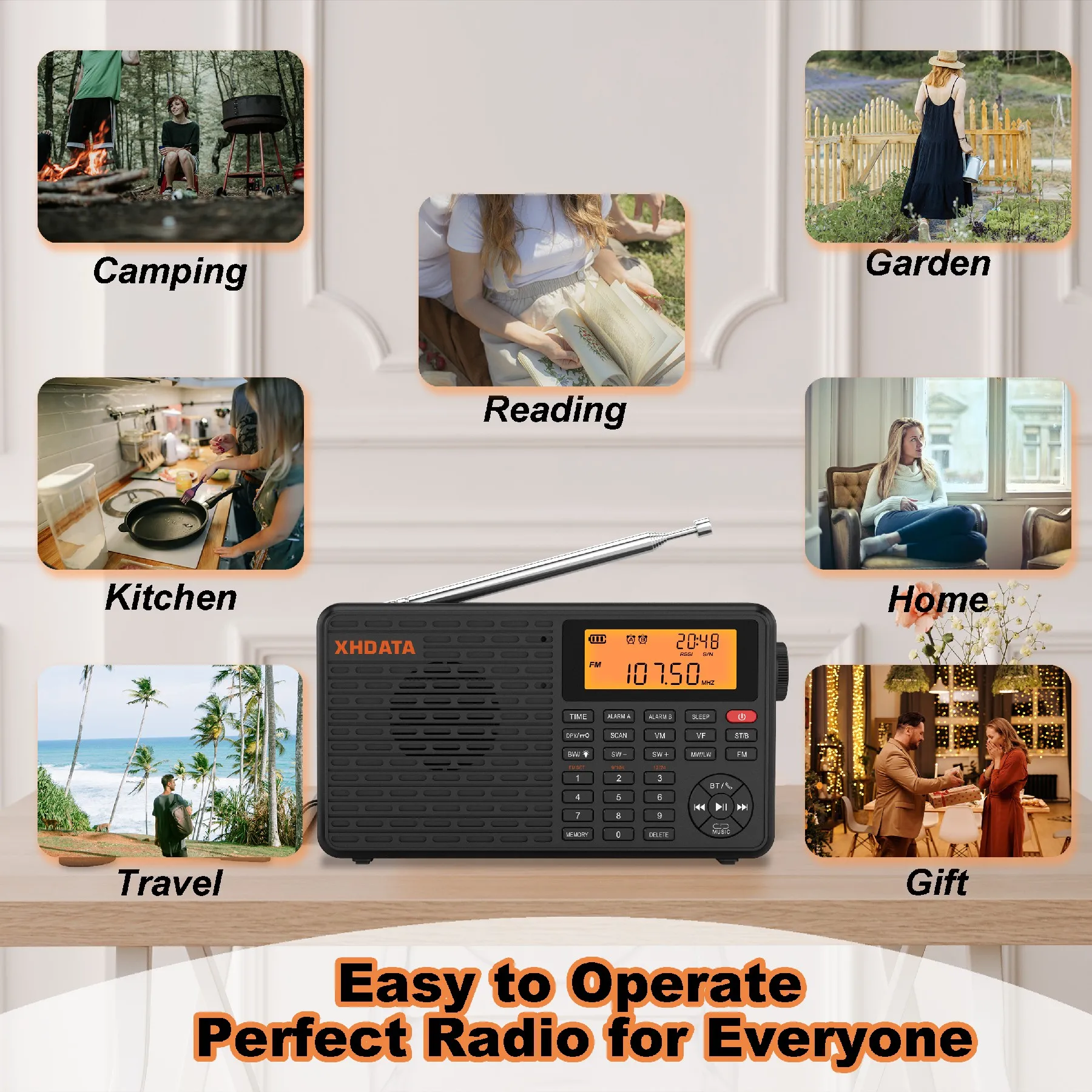 XHDATA D-109 Radio portátil Digital estéreo AM SW MW Radio FM Compatible con Bluetooth Radio multifuncional compatible con reproductor de tarjetas TF