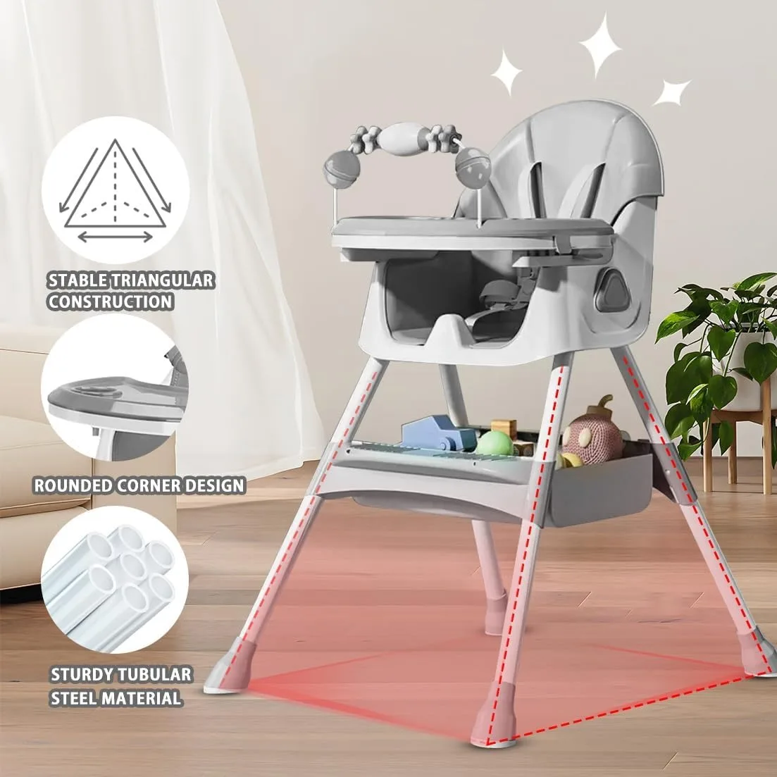 Trona para bebé 3 en 1, sillas de comedor portátiles plegables para bebé, trona convertible para comer y jugar con plato de cena de doble capa