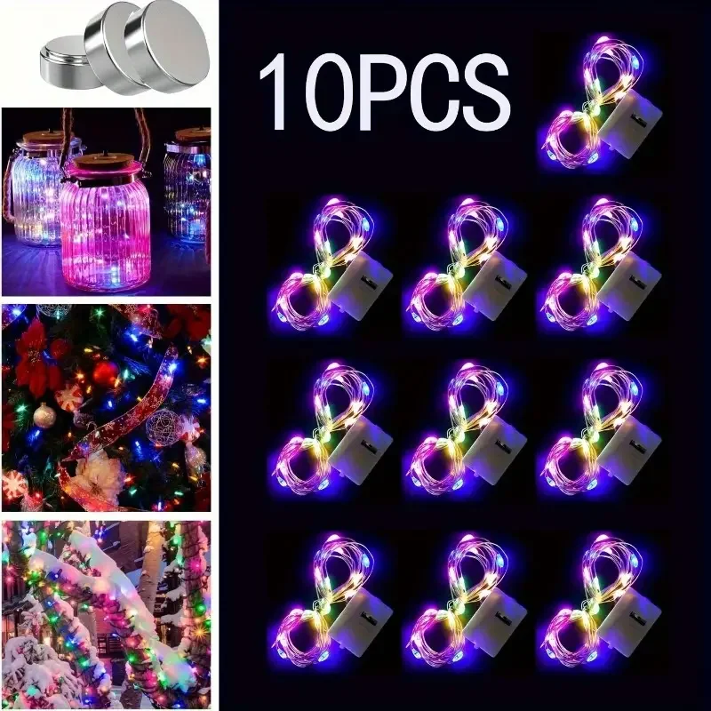 Guirnalda de luces LED con batería, 10 Uds., resistente al agua, alambre plateado, luz de luna para bricolaje, fiesta de boda, dormitorio, decoración de pasteles