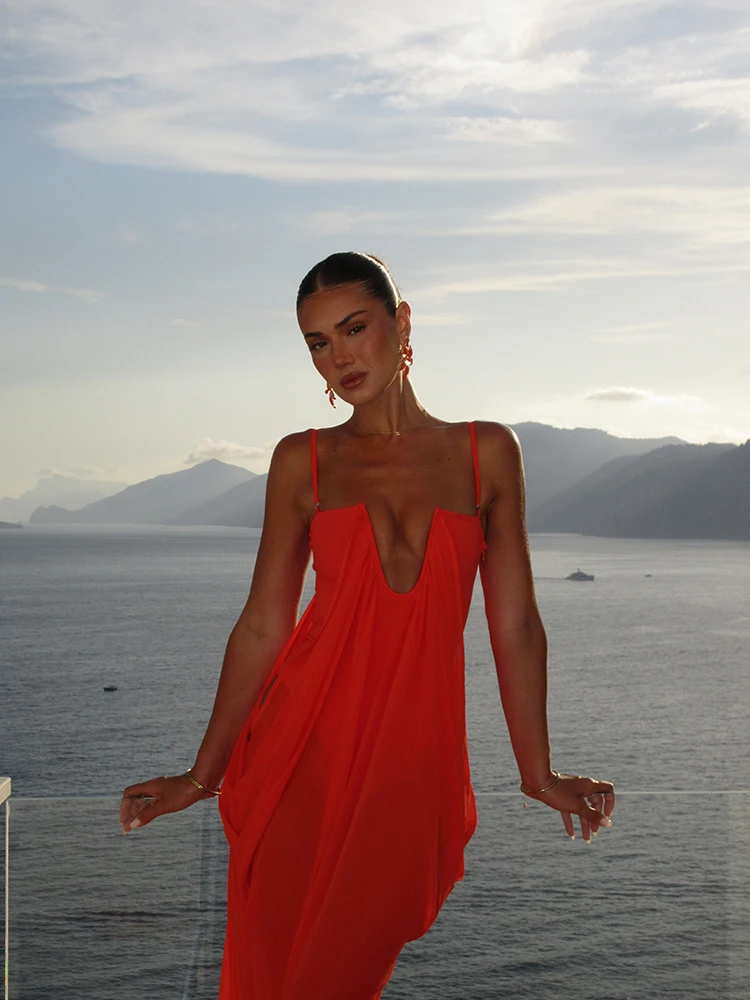Vibrante Vestido Maxi Fluido para Vacaciones, con Escote en U Profundo, Estilo Bohemio Chic, de Chifón, Holgado, para Mujer, Ideal para la Playa, Vacaciones, Fiestas de Verano