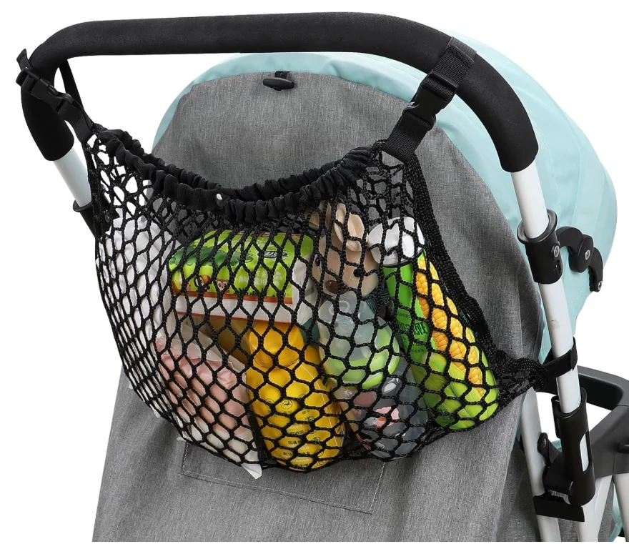 Bolsa de almacenamiento universal para cochecito de bebé, bolsa de malla de poliéster, adecuada para cochecitos, antideslizante y ajustable, accesorios para bolsa de almacenamiento de malla para cochecito, 1 pieza