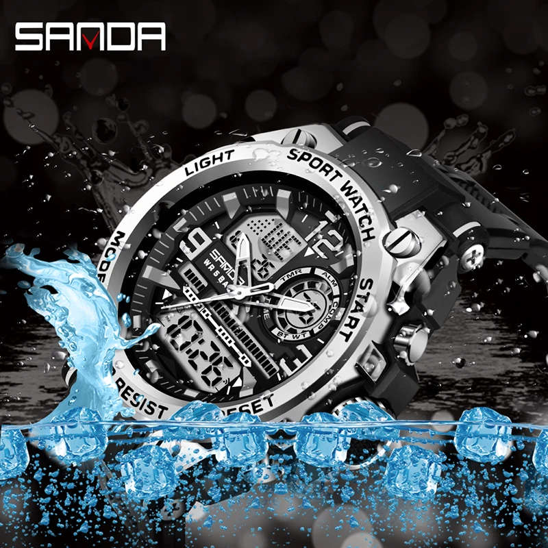 Relojes deportivos de cuarzo SANDA para hombre, relojes de pulsera digitales electrónicos LED con pantalla Dual, reloj militar resistente al agua, relojes masculinos