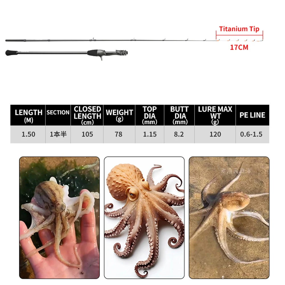 Caña de pescar Johncoo de 1.5m para calamar y pulpo, con punta de titanio, ligera, para pesca en agua salada.