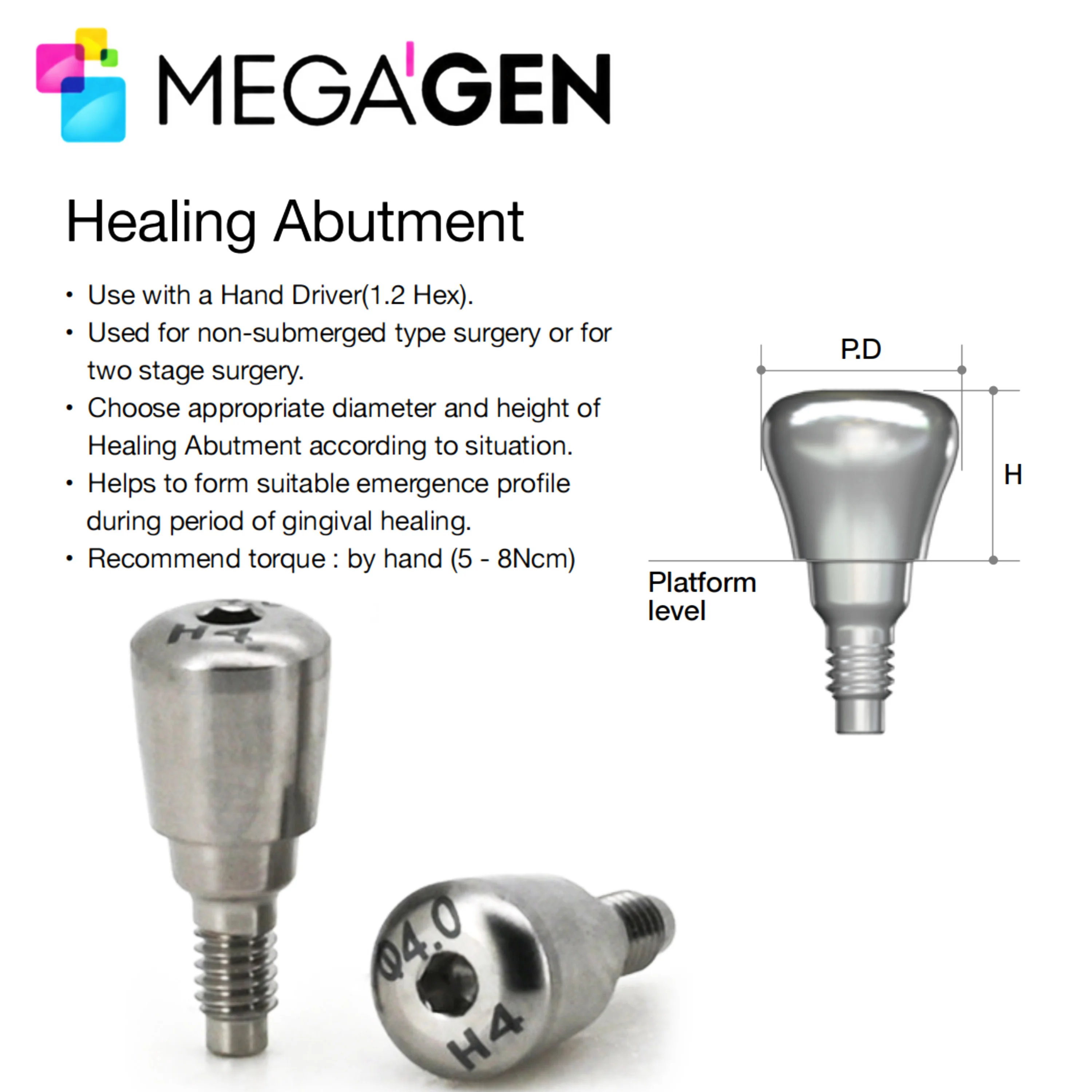 MegaGen AnyOne Piezas de Implante: Pilar de Curación, Coping de Impresión, Pilar de Puente Analógico, Tornillo de Pilar. Aleación de Titanio Grado 5 de Grado Médico