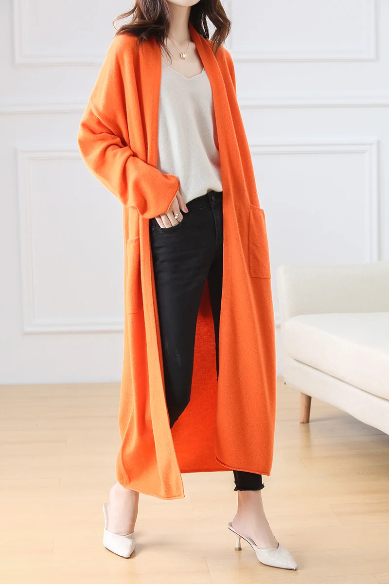 Gran oferta Otoño Invierno nuevo cárdigan de lana de 100% suéter de mujer con cuello en V sólido moda larga femenina suelta suave abrigo de punto de gran tamaño