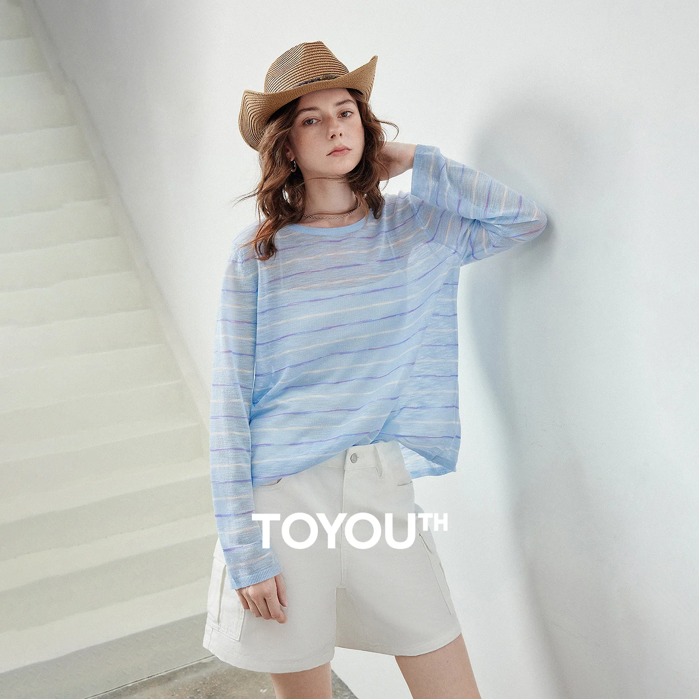 TOYOUTH Top de Punto para Mujer, Novedad Verano 2026, Lino Slub a Rayas, Transparente, Holgado, Hombros Caídos, Abertura Trasera, Tops Casuales