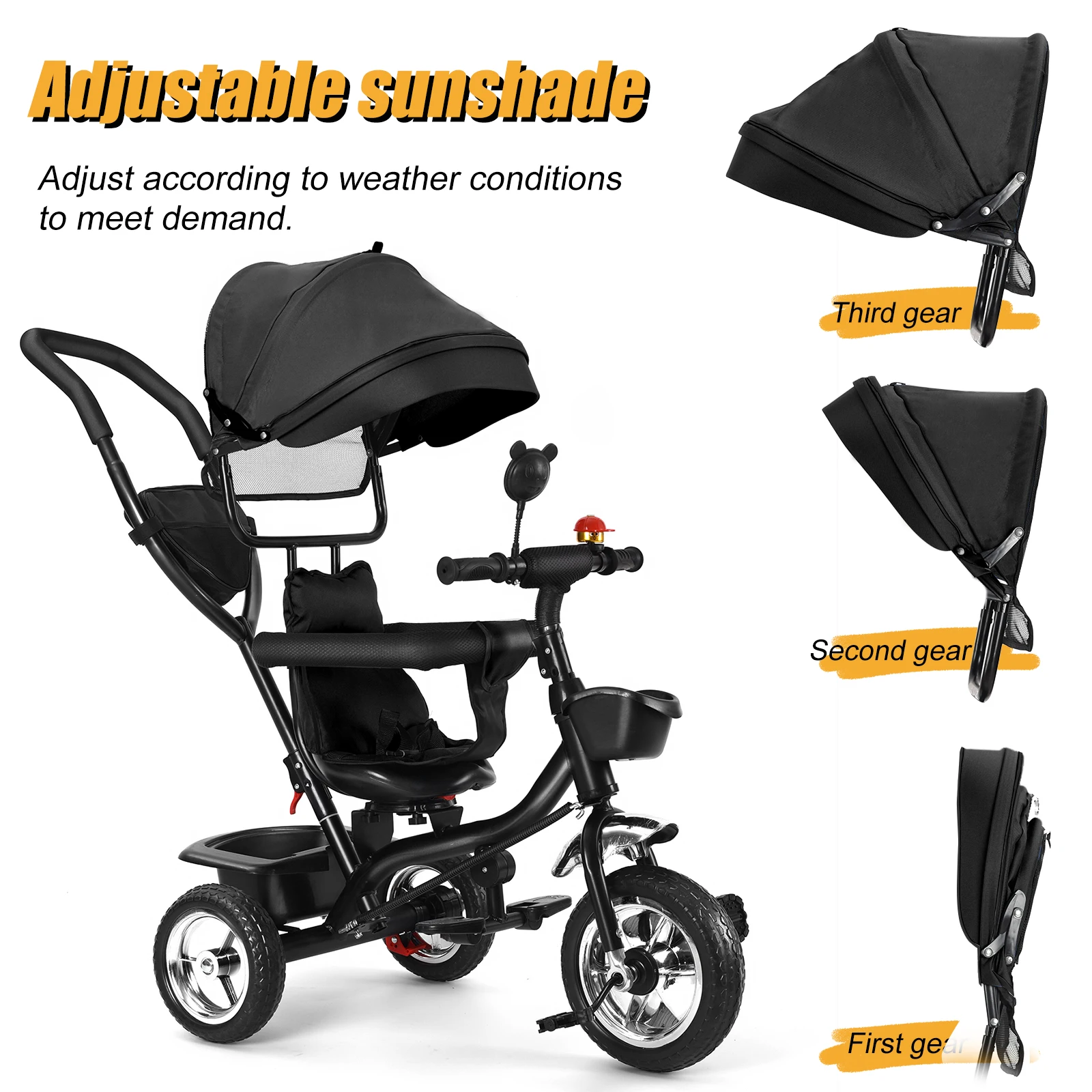 Triciclo escalable para bebés de 1 a 5 años, bicicleta para personas mayores y niños, asiento reversible, cesta y bolsa grandes, ruedas más grandes, con manillar de empuje, verde/rosa/negro/rojo/azul/gris