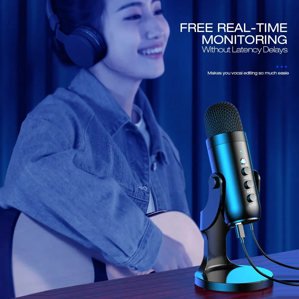 Haomuren Micrófono USB para PC Mac Grabación de juegos Streaming Podcast, Micrófono de condensador de computadora con adaptador de teléfono Salida de auriculares