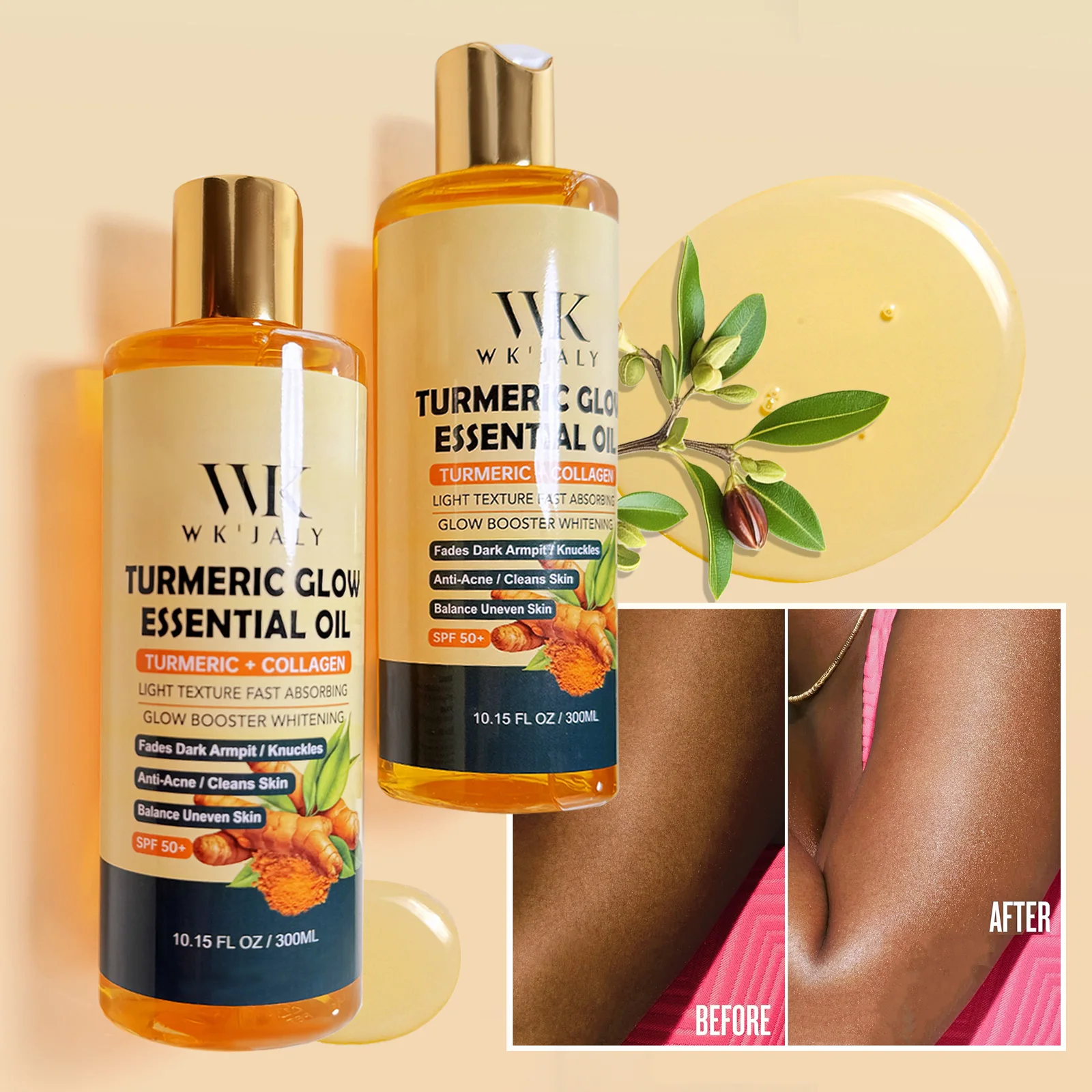 WK JALY Aceite corporal esencial con brillo de cúrcuma, hidratante, blanqueador, desvanece la axila oscura, nudillos, antiacné, equilibra la piel desigual