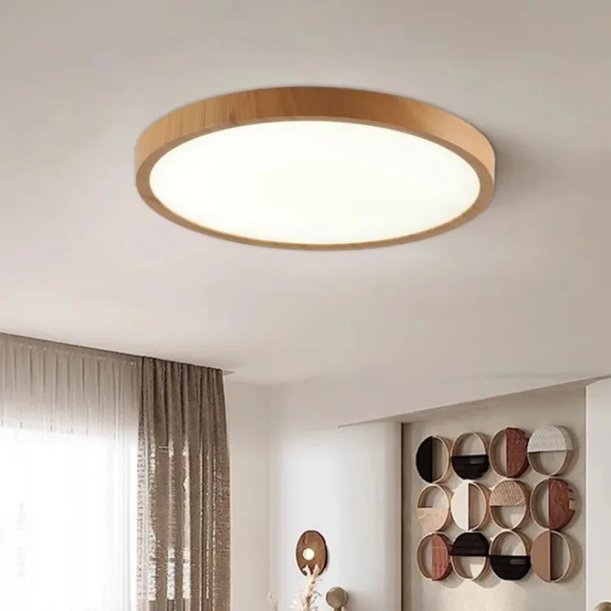 Lámpara de Techo LED Circular Moderna y Sencilla con Acabado en Madera de Nogal, Decorativa para Sala de Estar, Dormitorio, Balcón, Ultrafina