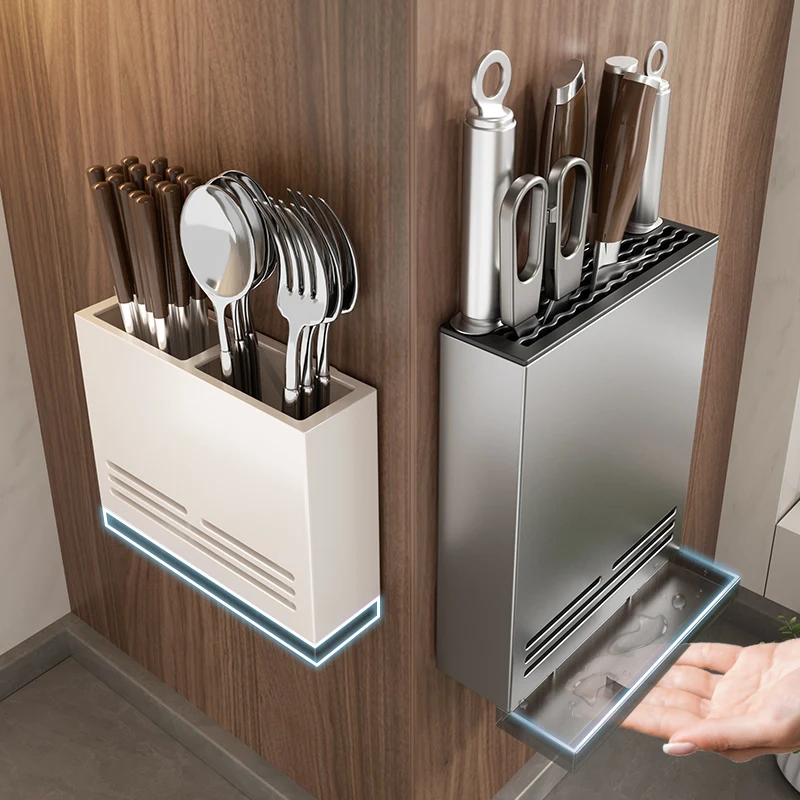 Tubo de palillos montado en la pared, estante de cocina para colgar en la pared, herramienta sin perforaciones, cortador de descanso, drenaje, caja de almacenamiento de jaula de palillos de acero inoxidable