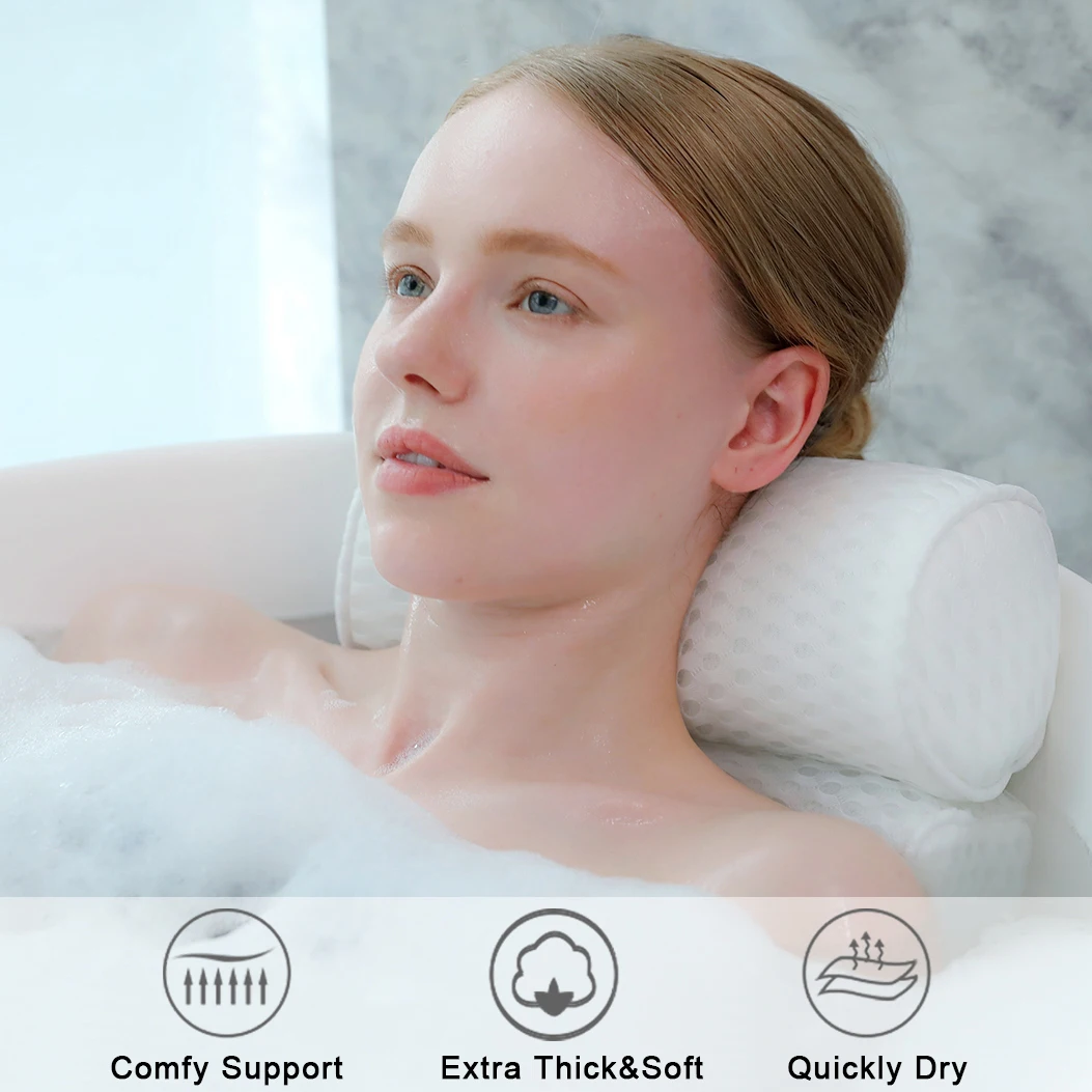 Almohada de baño para bañera, soporte para cuello, cabeza y espalda con ventosas antideslizantes, almohada para bañera de malla de aire