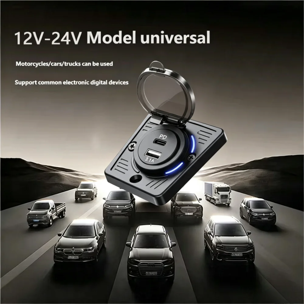 Cargador de Coche 12V-24V PD+USB, 45W Carga Rápida, Indicador LED Azul, Toma de Corriente Integrada con Cubierta Abatible Impermeable para Coche y Motocicleta