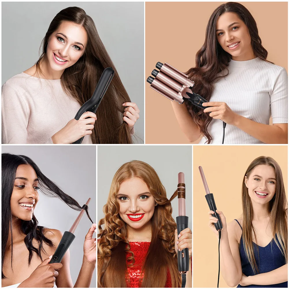 Rizador de pelo 5 en 1 con férula de pelo liso, placa de abrazadera de tres tubos, prensador de pelo de 3 barriles, varita de pelo de calentamiento rápido