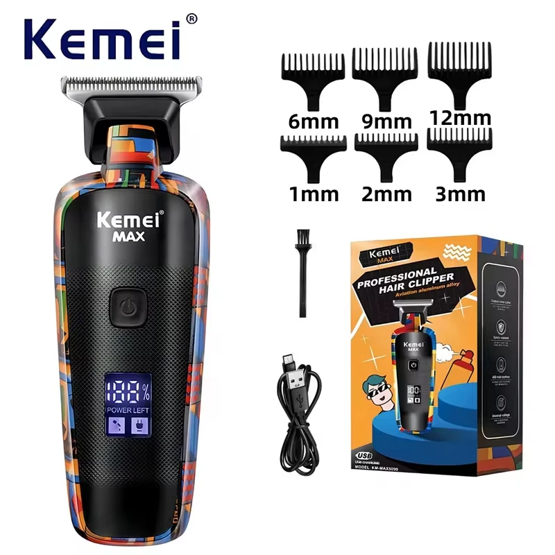 Cortadora de pelo Kemei-5090 con pantalla Digital, empujador de peluquero profesional para hombres, cortadora de pelo eléctrica con patrón de grafiti aleatorio