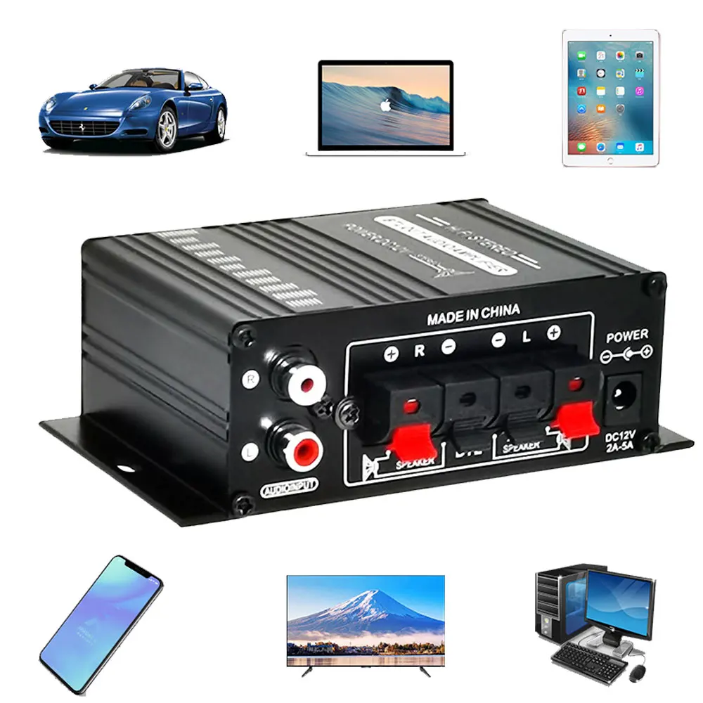 AK270 Mini Amplificador de Audio de 12V para Auto, Amplificador de Sonido Digital para Casa y Auto, Canal 2.0, Amplificador de Potencia, Compatible con Agudos y Bajos, Entrada AUX