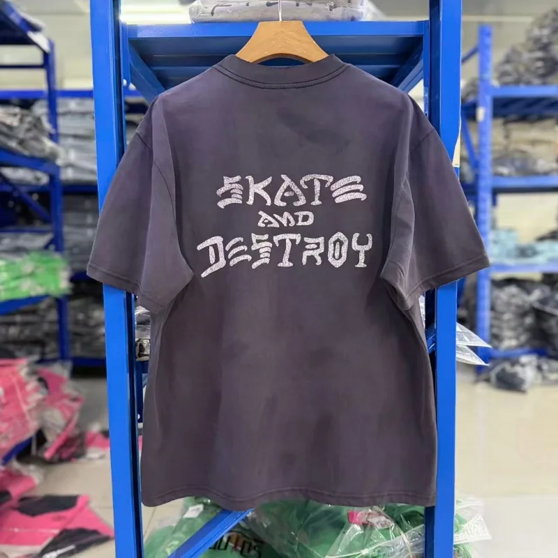 Camiseta Negra Vintage Lavada para Hombre, Talla Grande, con Estampado de Rayo, Estilo Urbano y Skate