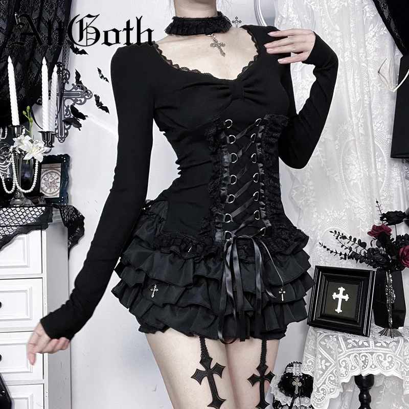 Camiseta Corset Estilo AltGoth Fairycore Grunge Gótico para Mujer, Estética Vintage Oscura, con Encaje y Parches, Cintura Alta, Estilo Bandage