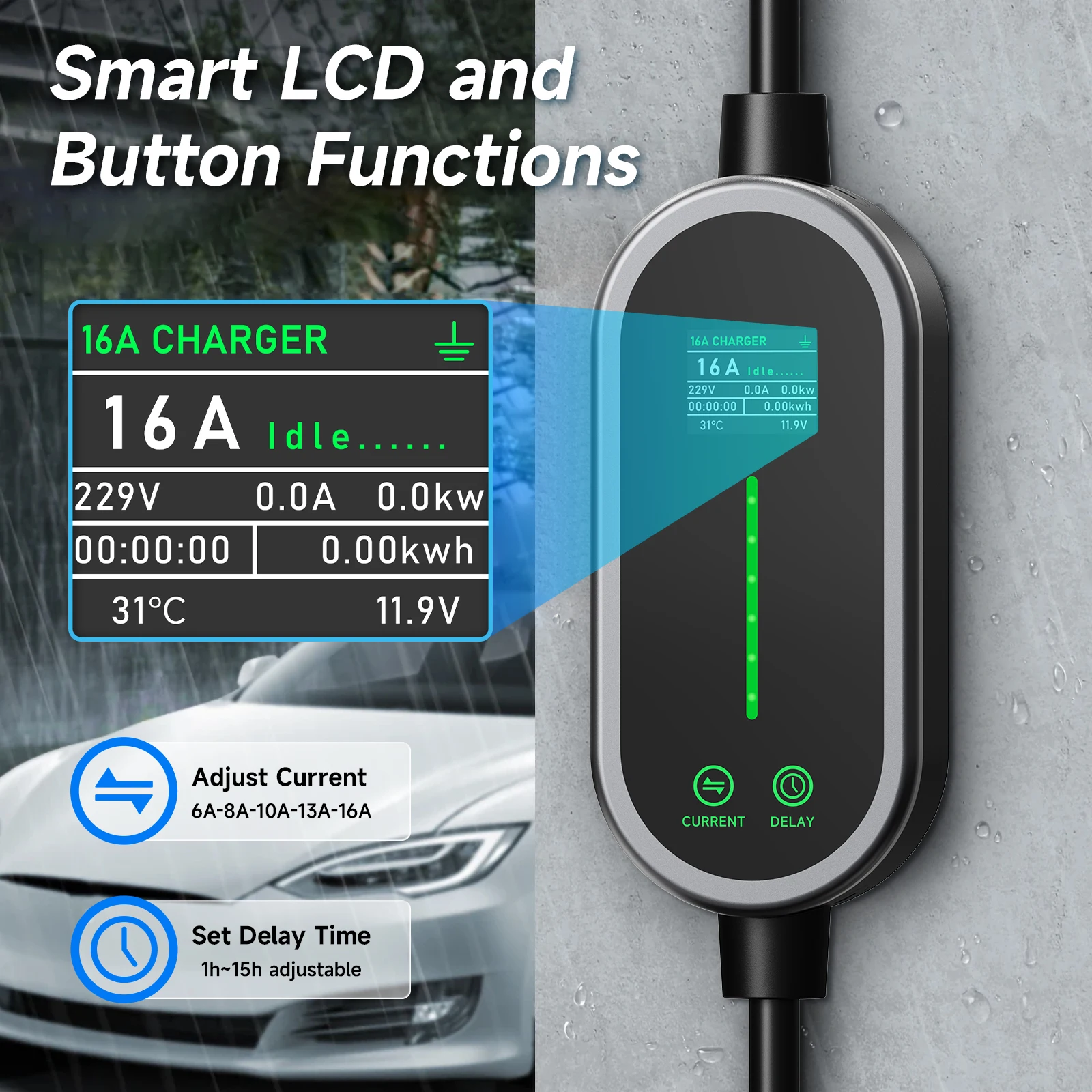 Cargador de coche eléctrico portátil EVSE de 3.5KW 16A Tipo 2, monofásico, con cable de carga para pared, control por WiFi y Bluetooth para uso doméstico.