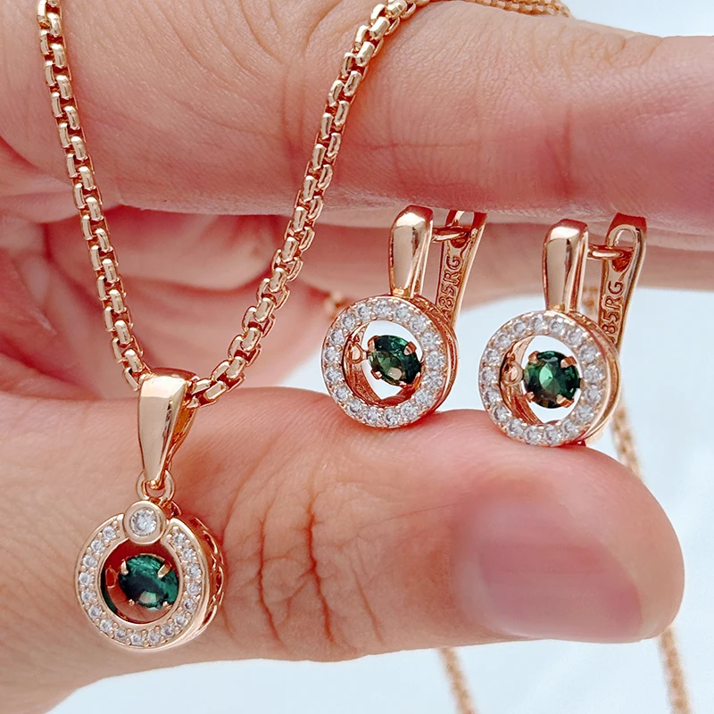 Kinel Hot 585 Color oro rosa conjuntos de joyería de boda nupcial circón Natural geometría anillo pendientes collar para mujer joyería fina