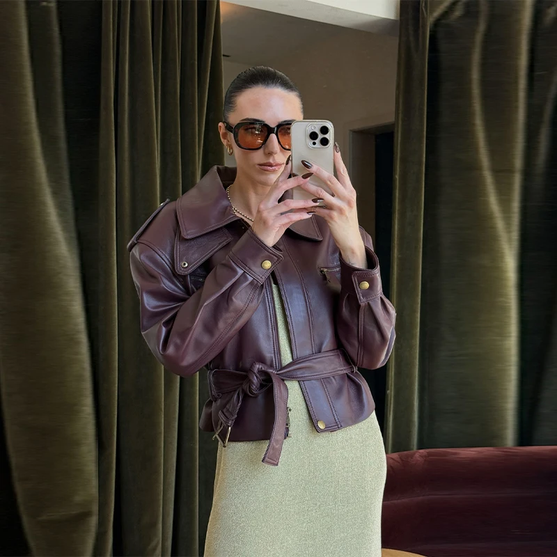 Chaqueta de cuero Vintage para mujer, abrigo corto con bolsillo y cuello levantado, prendas de vestir con cremallera en la cintura Retro, nuevas chaquetas de Otoño Invierno 2025